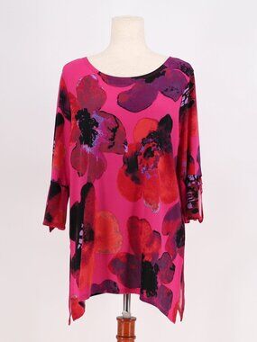 CLARA SUNWOO Soft Knit Poppy Print Tunic with Cuff Detail Side Vents Size M